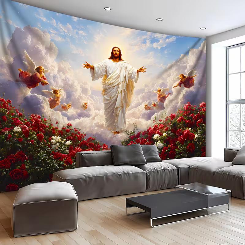 2D Christian Jesus Tapestry Religious Art Wall Hanging for Living Room