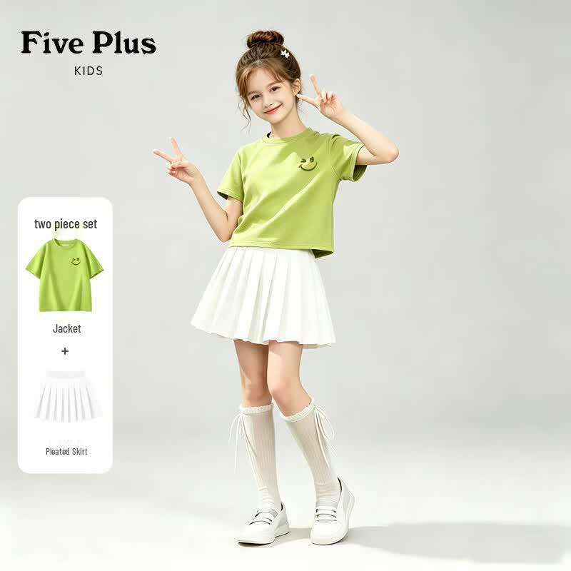 FivePlus Girls' Summer Short Sleeve Pleated Skirt Set
