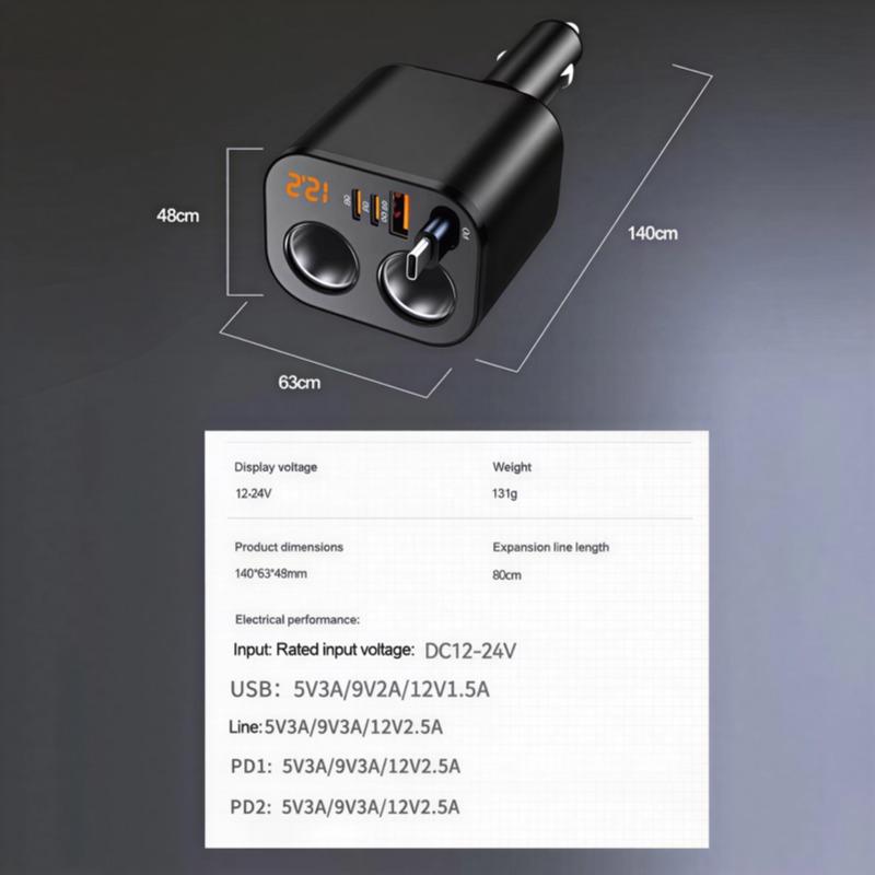 6-in-1 einziehbarer Auto-USB-Handy-Ladegerät 200W max Zigarettenanzünder-Adapter PD30W QC3.0 Schnellladeadapter für 12V-24V Autos