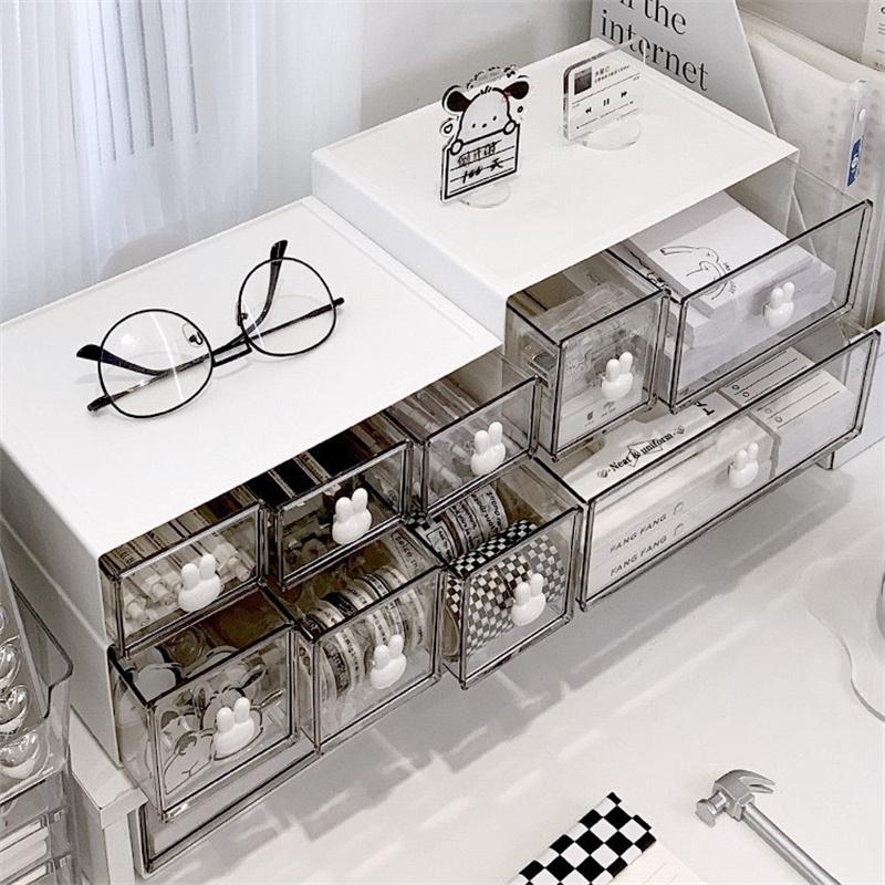 Caja de Cajones Combinada con Asa de Conejo Organizador de Papelería de Escritorio Cajón Multicompartimento Gabinete para Lápices