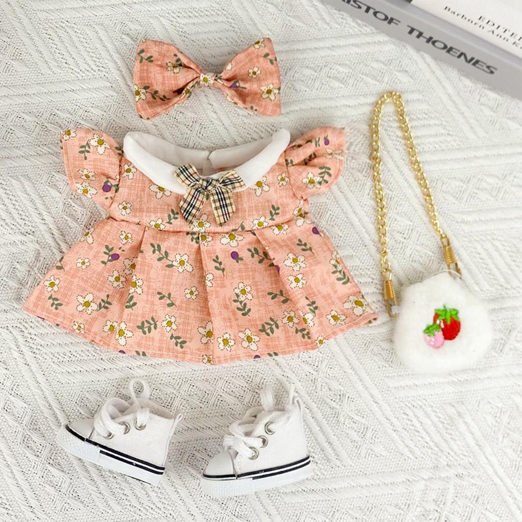Girl Doll Clothes Accessories with Shoes Bow Bag for 20cm Dolls Floral Print Cute Girl Doll Clothing