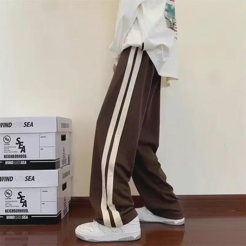 Autumn Hong Kong Style Men's Trendy Straight Sweatpants with Side Stripes