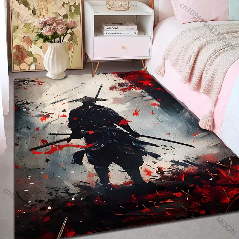 1PC Samurai with Swords Red Leaves Print Carpet Rug for Living Room Bedroom Sofa Doormat Home Decor Non-slip Floor Mat