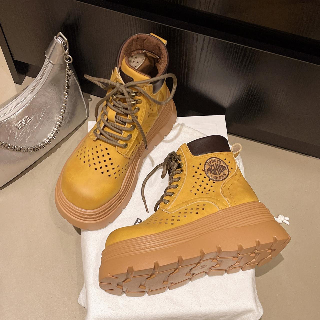 

2025 autumn new muffin hollow British style Martin boots lace-up thin thick-soled short boots women s breathable rhubarb boots 40 жёлтый