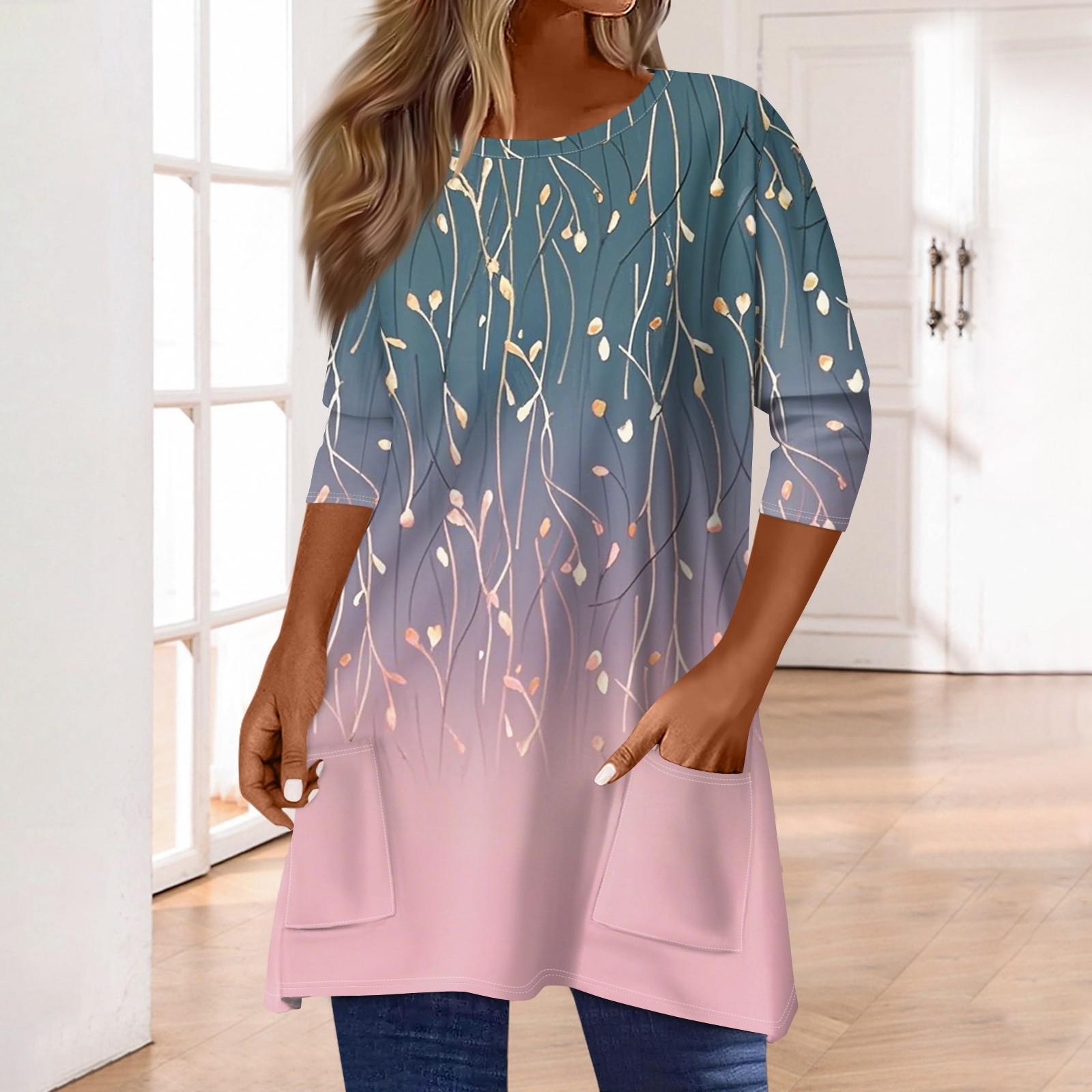 

Жіночі топи з кишенями з рукавом 3/4, футболка, повсякденний принт, топи середньої довжини, футболка, пуловер з круглим вирізом, блузка XL рожевий