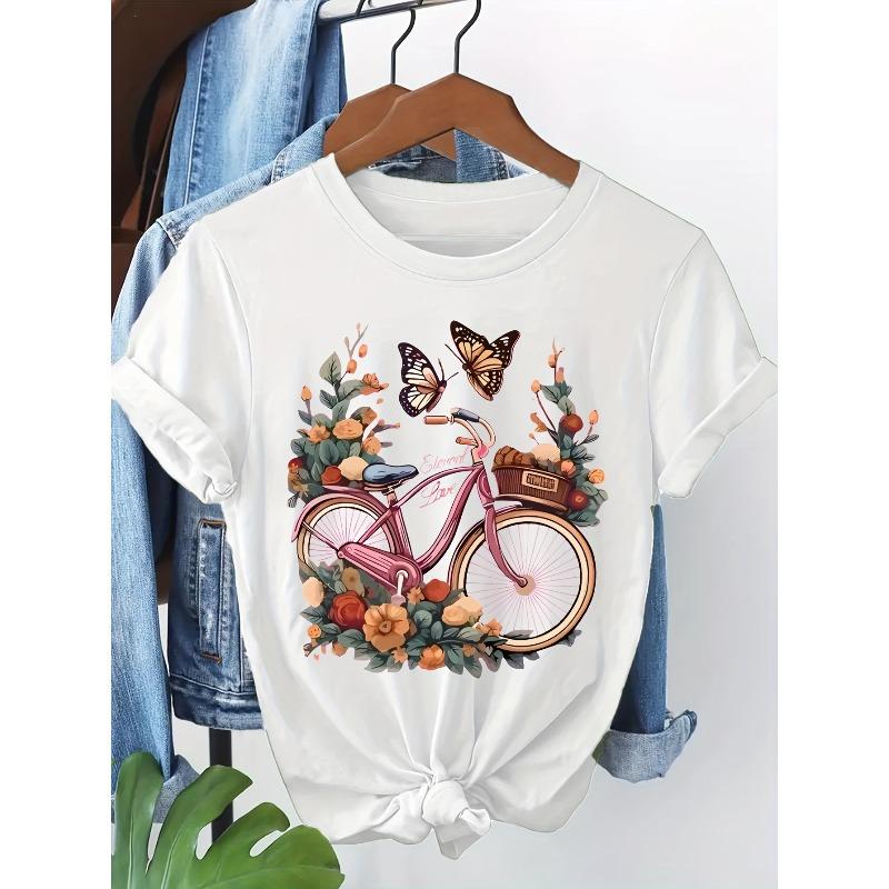 European Size Women s Spring Summer Casual Short Sleeve Blouse - Butterfly & Flora Bicycle Print Round Neck Top S белый