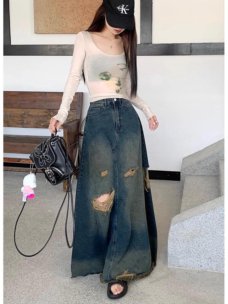 American Retro Plus Size Ripped Denim Midi Skirt for Women - High Waist, Slimming, Niche Design