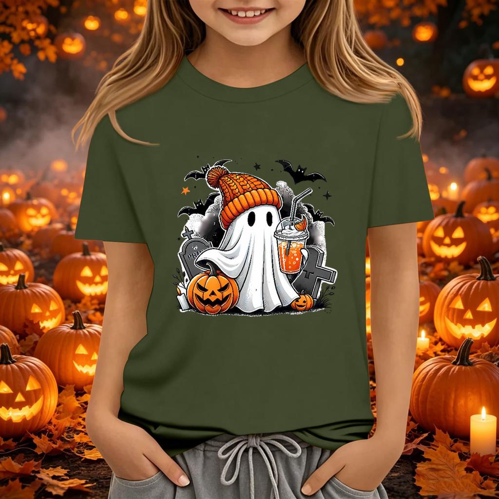 Kids' Halloween Printed Short Sleeve Neck T-Shirt, Loose Fit Top