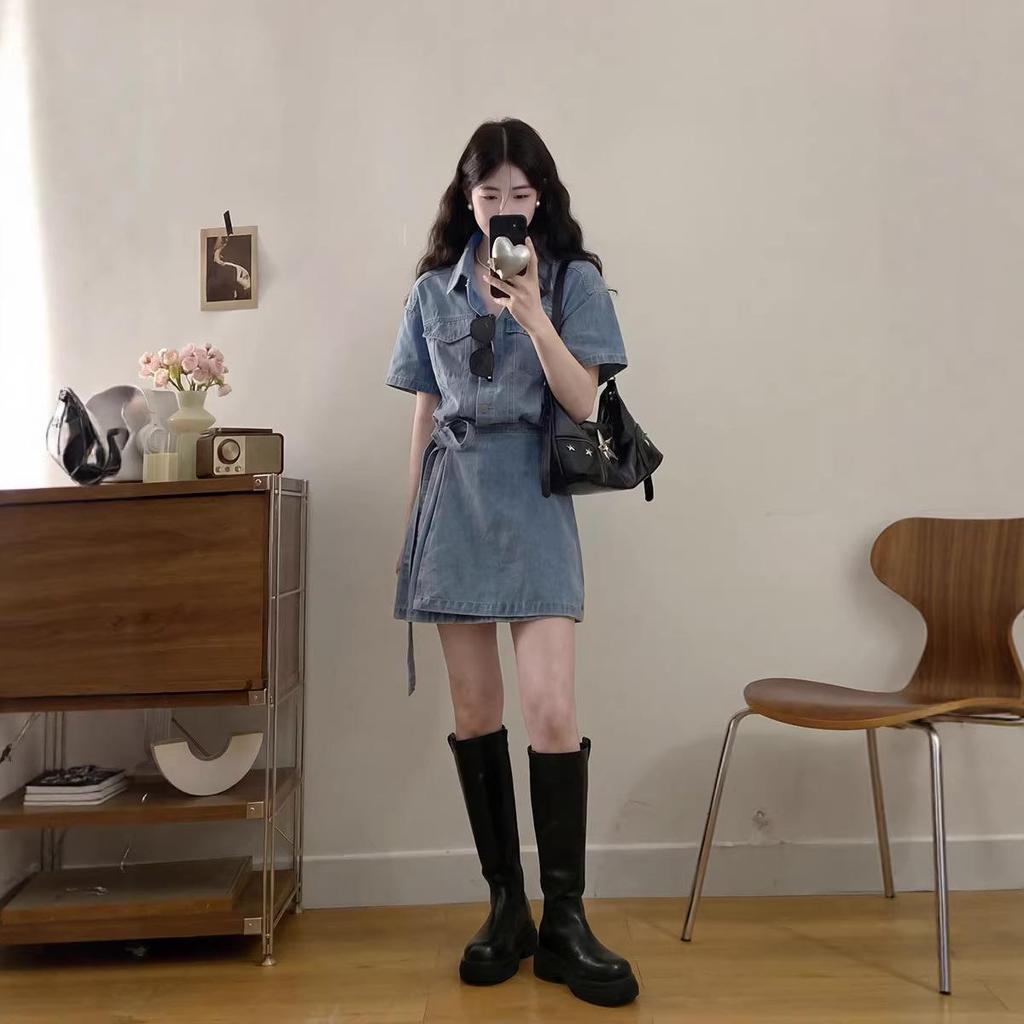 Hong Kong Style Retro Washed Denim Dress: Women's 2026 Summer Casual Waist-Cinched Short Skirt