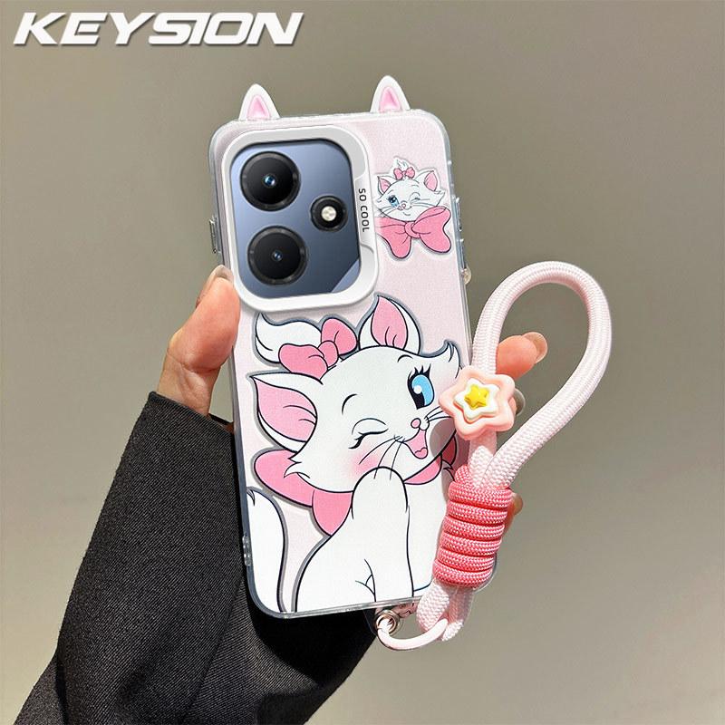 KEYSION Cute Ear Cartoon Case for Infinix Hot 30i with Lanyard Soft Silicone+PC Shockproof Phone Back Cover for Infinix Hot 30i