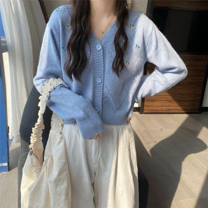 Short women's top spring thin hollowed-out cardigan gentle style loose V-neck knitted sweater summer