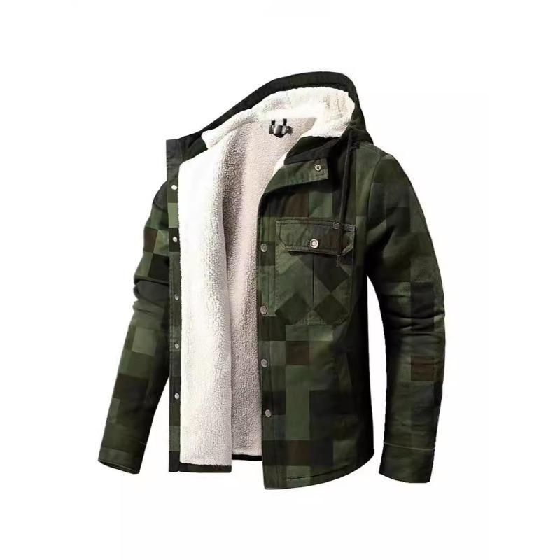 Men's Clothing European and American Autumn and Winter Thickened Cotton-padded Plaid Long-sleeved Loose Hooded Jacket