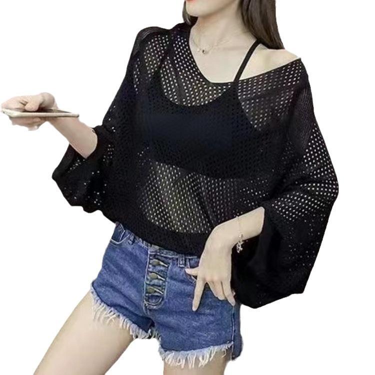Summer V-neck seven-point bat-sleeved hollow blouse women's TK popular loose and thin outer top knitted sweater