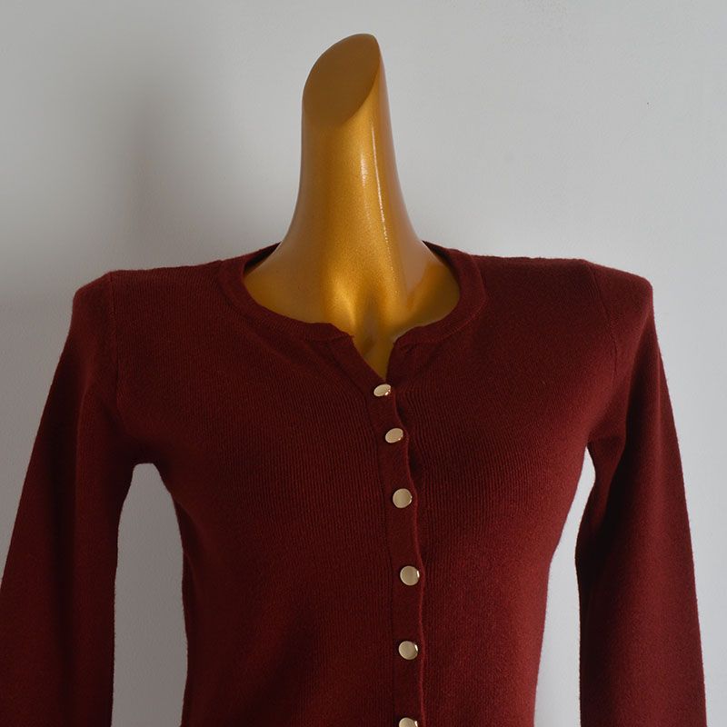 French Style New Arrival Pure Color Chic Metal Breasted Round Neck Knitting Cardigan Women's Clothes Fall Slim Fit Short Long Sleeve Top