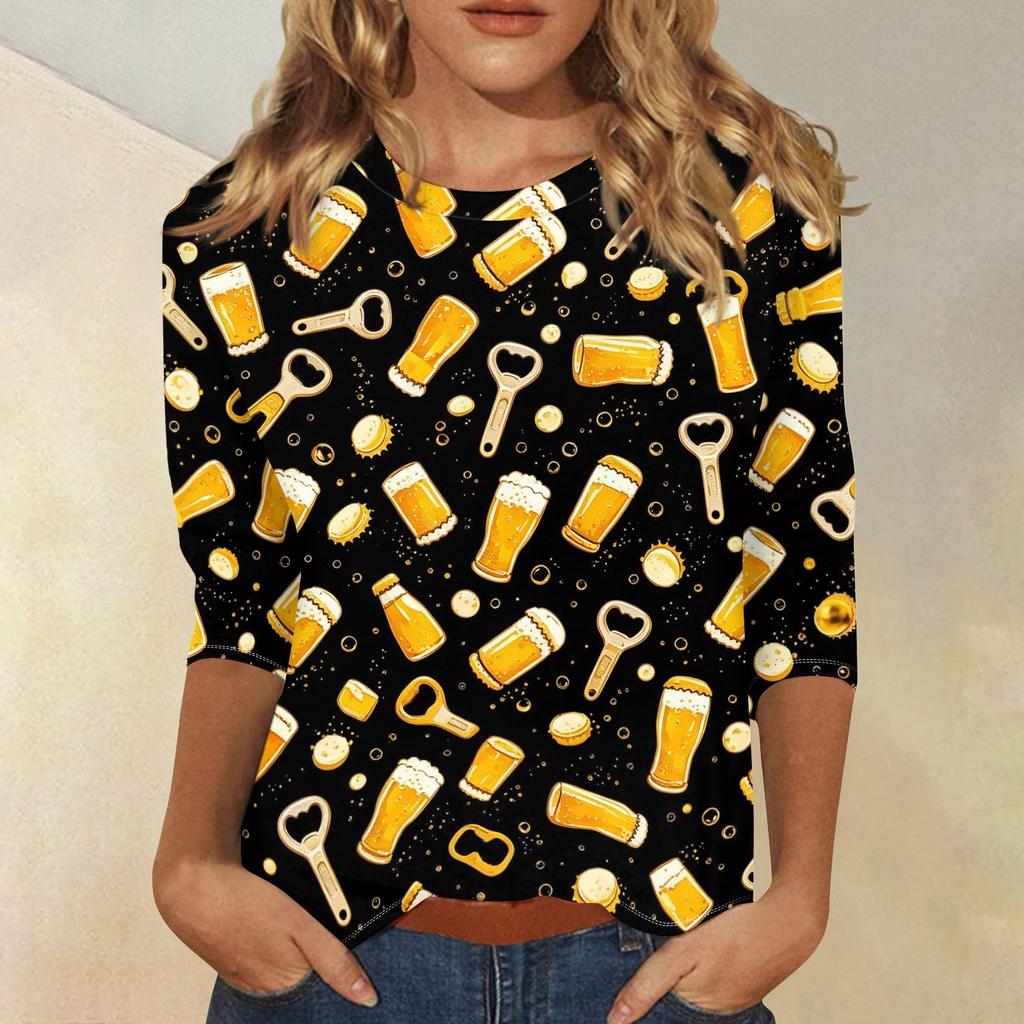 Women's Casual Three Quarter Sleeve Round Neck Top Oktoberfest Beer Print Lightweight Comfortable Fit Pullover Shirt