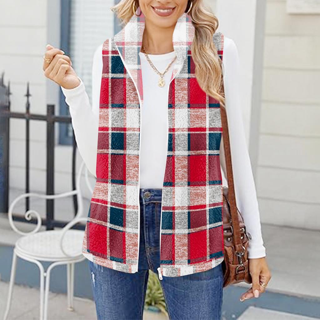 Damska modna i ciepła kamizelka kardiganowa z polaru w kratę