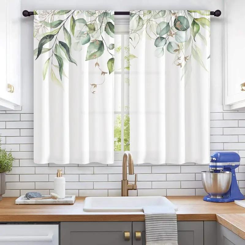2pcs Fresh Eucalyptus Leaf Curtains: Suitable for Kitchen / Daily Use, Minimalist Style, Rod-Pocket