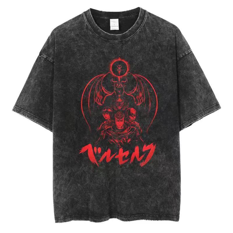Berserk Print T-shirt Men Women Washed Vintage Japan Anime Oversize Streetwear Harajuku Summer Short Sleeve Tshirt Cotton Tops