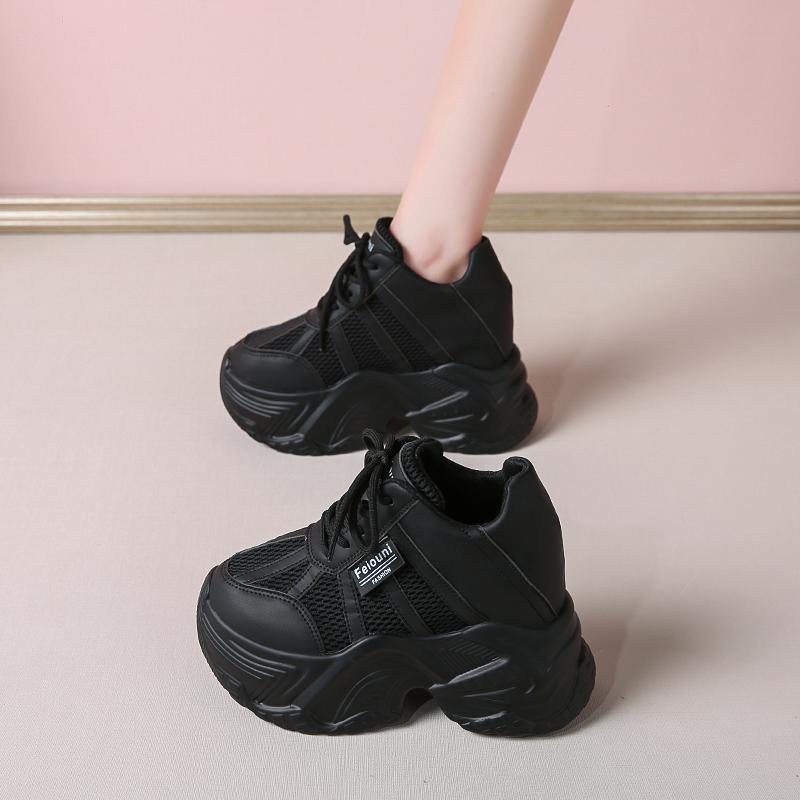 Fashion 7.5CM Women Platform Sneakers Lace-up Autumn Sports Dad Shoes High Top Chunky Casual Shoes Woman Thick Bottom Mesh White Shoes