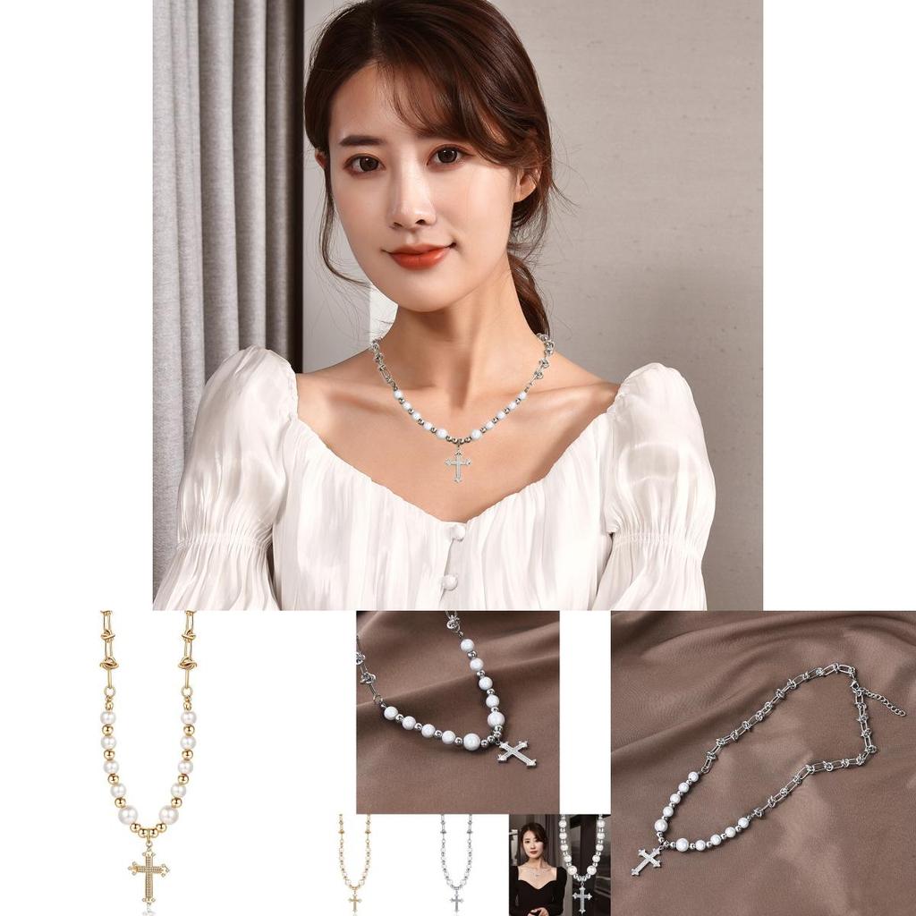 Luxurious Titanium Steel Cross Necklace For Men And Women With Handmade Design And Elegant Pearl Accents