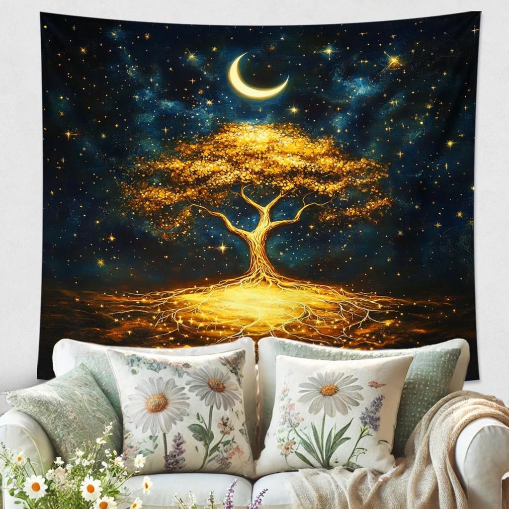 Goldener Baum des Lebens Wandteppich Wanddekoration für Schlafzimmer Gemütliche Atmosphäre Einzigartiger Wohnstil und Ruhige Wohnraumverbesserung