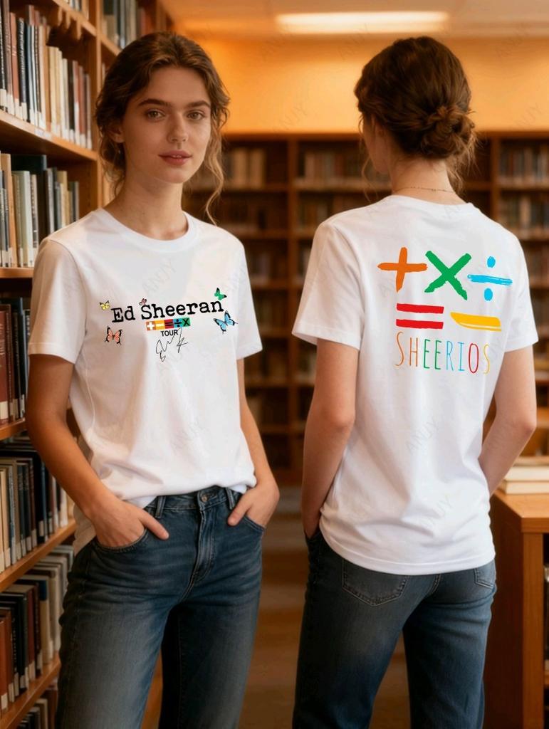 European And American Singer Ed Sheeran Math Symbol Tour Tshirt Cartoon Album Print Loose Cotton Round Neck Top