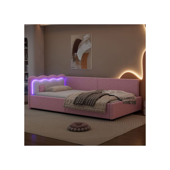 Lit de jour - MUVOE - 90x200 cm - Rose - Sommier à lattes - Éclairage LED