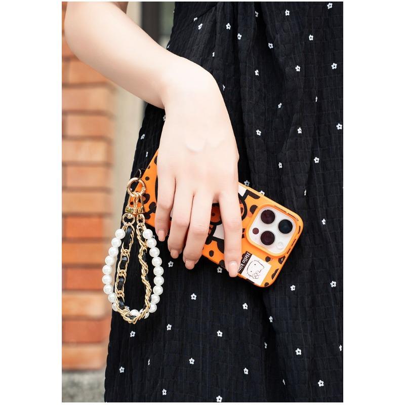 Women Short Wrist Pearl Chain Phone Lanyard Metal Buckle