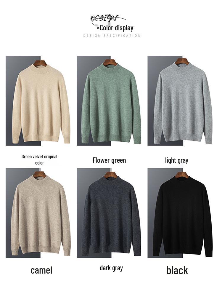 Men's Autumn Winter Wool Cashmere Pullover Sweater, Half High Neck, Solid Color, Plus Size
