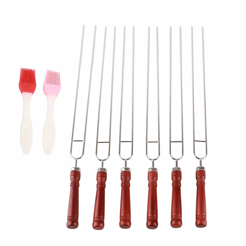 6pcs Barbecue Fork 2pcs Silicone Barbecue Brush Stainless Steel Roasting Stick U-shaped Hot Dog Fork with Wooden Handle