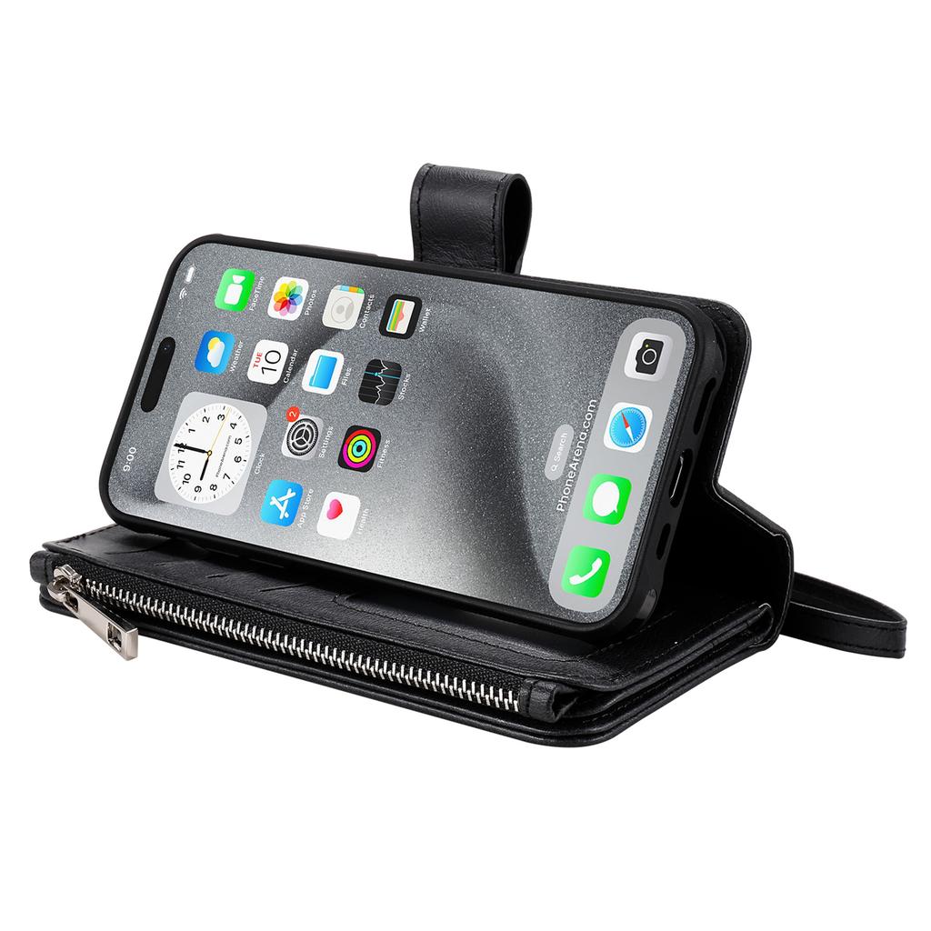 For iPhone 16 Pro Max Magnetic Leather Case Mobile Cover with Detachable Zipper Wallet Strap