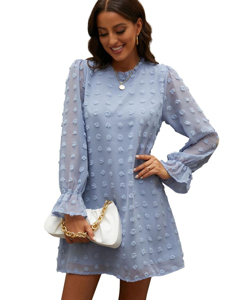 Women Lace Collar Puff Sleeve Embroidered Puff Ball Party Dress