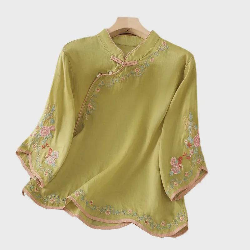 2024 Retro Style Women's Embroidered Cotton-Linen Shirt with Buttoned Lapel and Three-quarter Sleeves