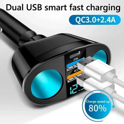 QC3.0 Car Charger 12V/24V Dual USB Power Adapter Car Lighter Socket Type-C+QC3.0+2.4A Cigar Lighter Double Expansion