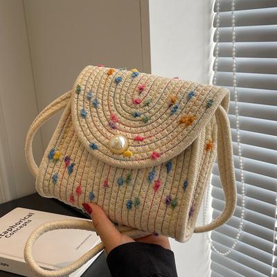 New Summer Straw Woven Small Square Bag Fashionable and Versatile Ins Style Crossbody Bag Woven Cotton Thread Handmade Beach Bag Women