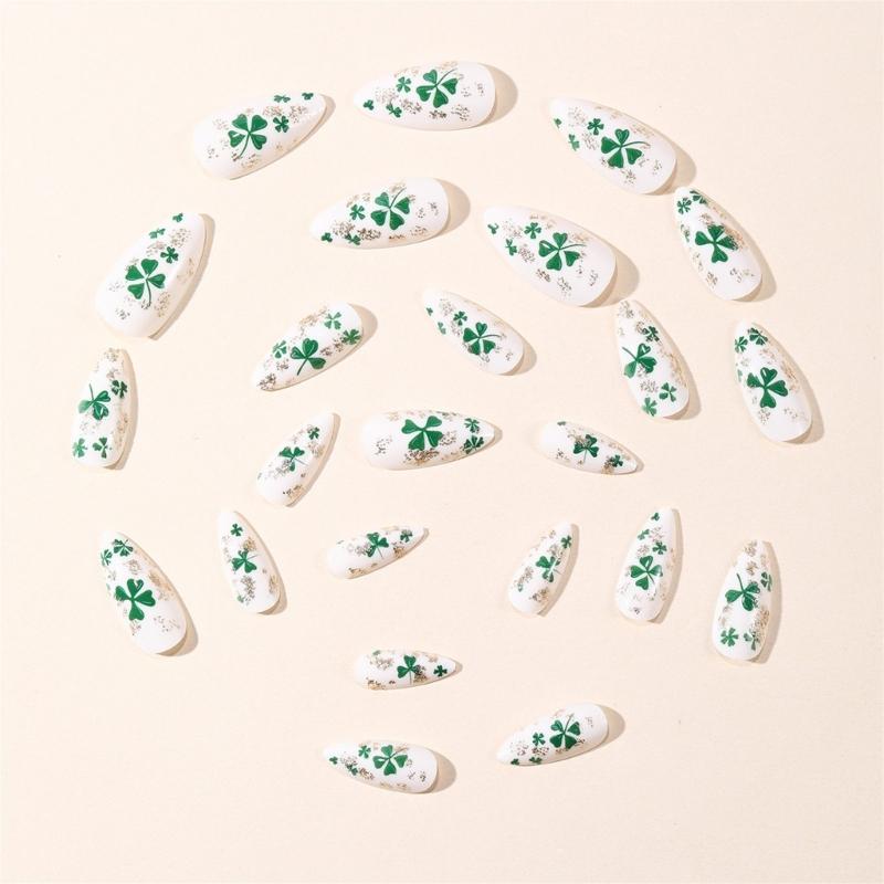 False Nail White Base Short Almond Style With Shamrock Symbol Accent Elegant Look For Work Or Party