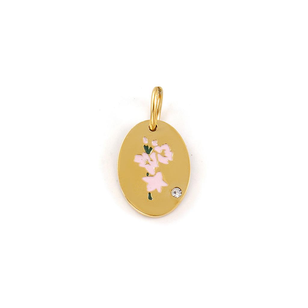 1 Piece 304 Stainless Steel Birth Month Flower Charms Enamel Oval Flower Clear Cubic Zirconia Pendants DIY Necklace 20mm X 11mm