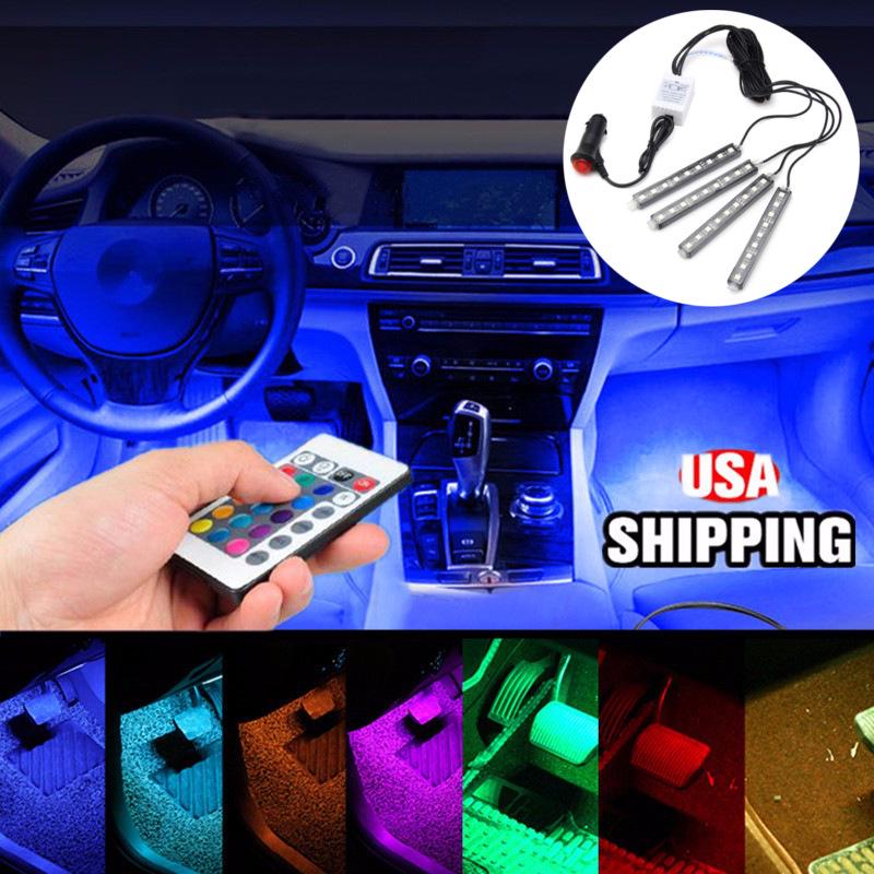 4x 5050 SMD 9 LED RGB Car Interior Floor Decorative Atmosphere Strip Light   Remote Control