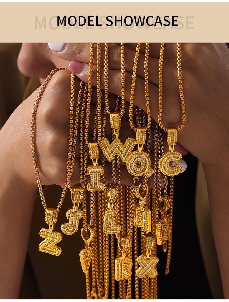 Minimalist Letter Inlaid Diamond Copper Pendant Necklace with Long Box Chain in Gold-Plated Titanium Steel