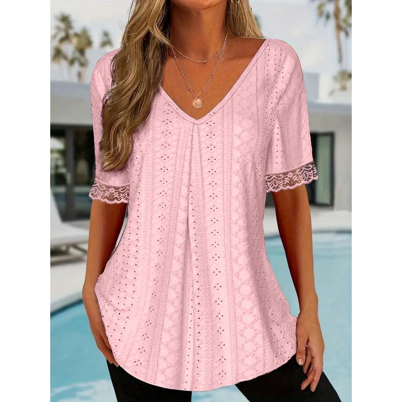 YYFS Damenmode, lässig, Sommer, Frühling, einfarbig, bedruckt, kurzärmelig, V-Ausschnitt, Blusen und Hemden