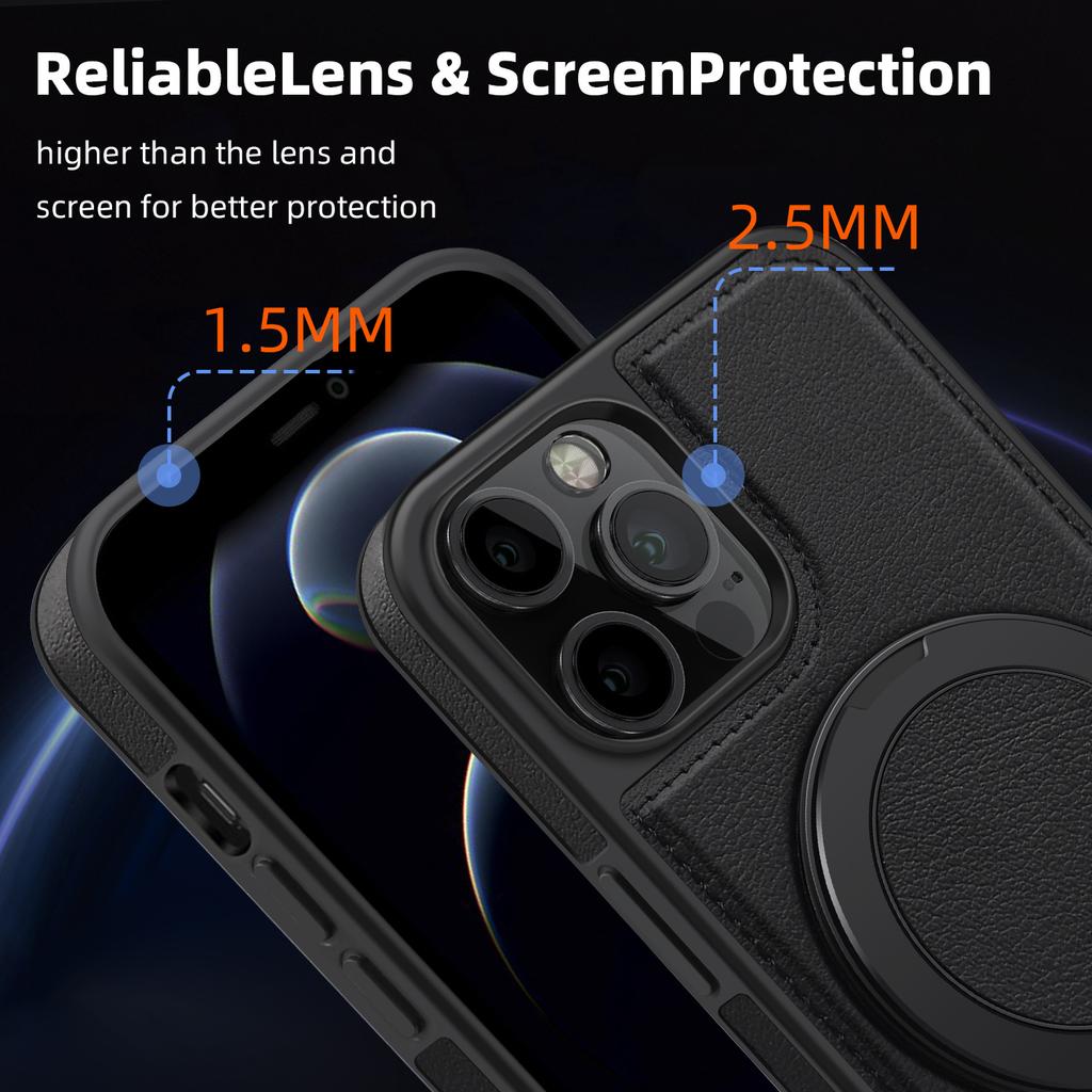 For iPhone 12/12 Pro Case with Ring Kickstand Compatible with MagSafe PU Leather Back Cover