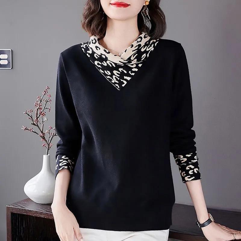Autumn and Winter New Style Fashionable Women's Tops with Leopard Print Stitching V-neck Contrasting Color Design Long-sleeved