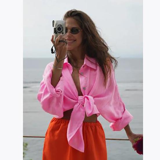 Bornladies 100% Cotton Spring Summer Versatile Lazy Casual Shirt Women's Fashionable Solid Color Loose Shirt Cardigan Shirt