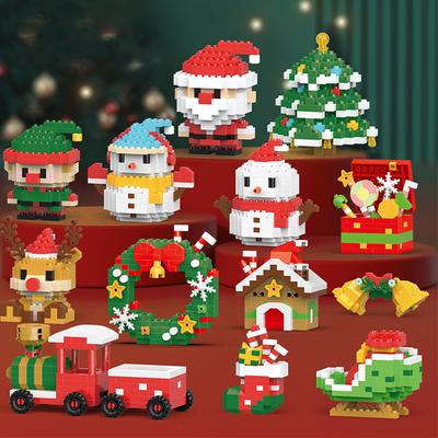 HUIQIBAO Mini Christmas Tree Santa Claus Children Train Model Micro Bricks Building Block Snowman Elk Bricks Toys New Year Gift