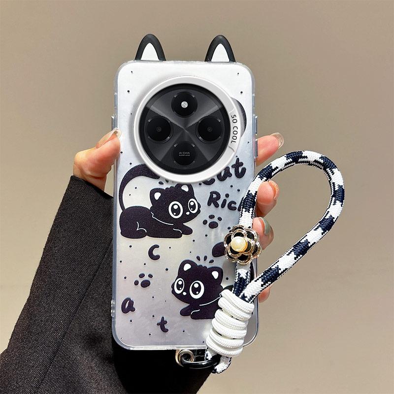 KEYSION Cute Ear Cartoon Case for Redmi 14C with Lanyard Soft Silicone+PC Shockproof Phone Back Cover for Xiaomi POCO C75