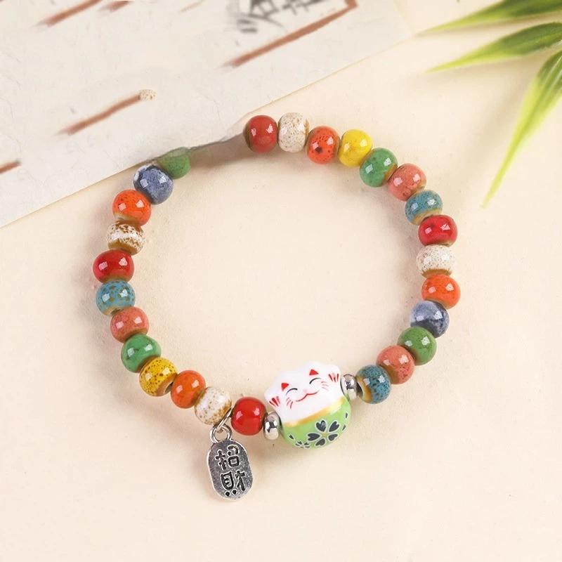 Sød Heldige Kat Armbånd Til Piger Justerbart Farverigt Perlebesat Harajuku Keramisk Kat Vedhæng Charms Smykker