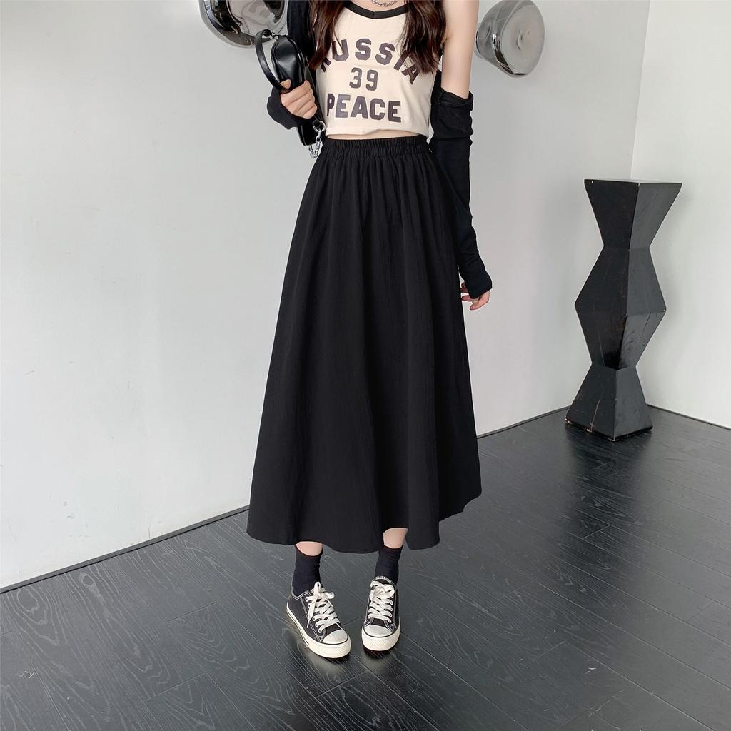 Women's Black Elastic High-Waist Slimming A-Line Umbrella Midi Skirt - Classic Flared Silhouette for All Occasions