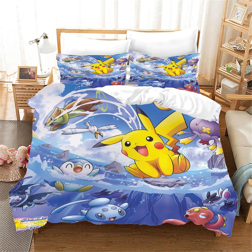 Anime P-Pokémon Printed Bedding Set New Ash Ketchum Pikachu Duvet Cover Comforter Pillowcase Boys Girls Children Adults King Gif