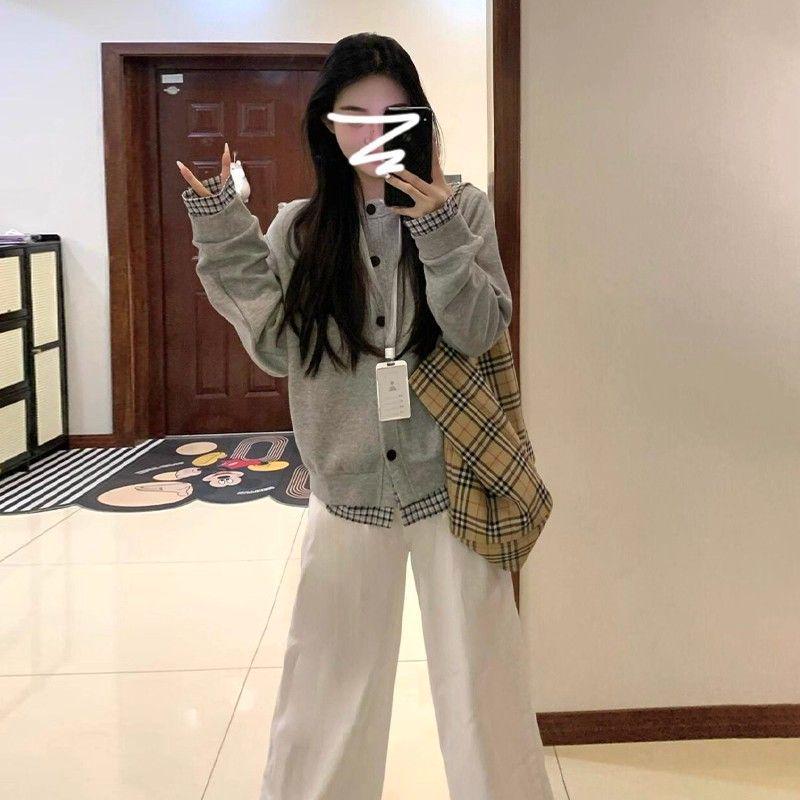 

Korean Style Gray Women s Early Autumn Baseball Cardigan Sweatshirt Jacket, Fake Two-Piece Top S 40/45kg