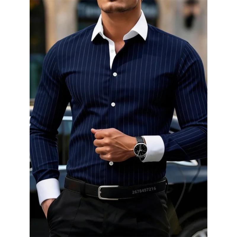 Camicia da Uomo a Maniche Lunghe con Strisce Verticali Colletto a Contrasto Top Casual Formale